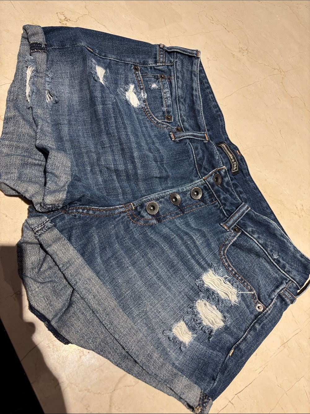 Abercrombie & Fitch Distressed Dark Blue Denim Shorts - Women